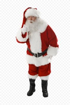 a man dressed as santa claus is talking on his cell phone while standing in front of a white background