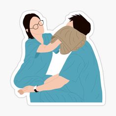 a sticker with an image of two people hugging and one is holding the other's head