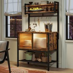 a kitchen area with an open cabinet and potted plants