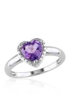 This sterling silver ring features 1.00 ct. t.w. heart shaped amethyst and measures 9.70-mm. x 9.80-mm. Almost all gemstones have been treated to enhance their color and require special care. | Belk & Co Amethyst Heart Ring in Sterling Silver, Purple, 7 Heart Shaped Amethyst, Heart Halo Ring, Rings Purple, Sterling Silver Birthstone Ring, Heart Halo, Amethyst Ring Engagement, Amethyst Heart, Purple Rings, Silver Heart Ring