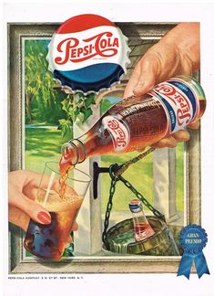 an advertisement for pepsi cola being poured into a glass with someone's hand holding the bottle