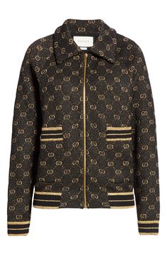 Sparkling double-G logo jacquard-a motif introduced in the '70s-and striped rib give a sporty-luxe look to this wool-blend bomber jacket. Style Name:Gucci Gg Metallic Jacquard Wool Blend Bomber Jacket. Style Number: 5957717. Available in stores. Cardigan Gucci, Gucci Tracksuit, Zip Cardigan, Wool Cardigan, Threading, Cardigan Jacket, Long Sleeve Cardigan