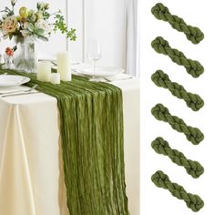 the table is set with green napkins and place settings