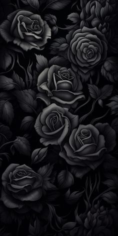 black and white roses with leaves on the bottom, in an artistically designed background