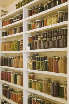 shelves filled with lots of different types of jars