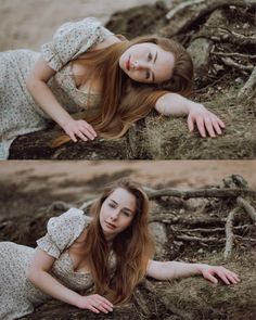 two photos of a woman laying on the ground with her arms out and hands behind her head