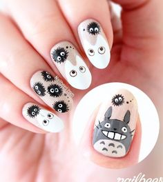 My Totoro Inspired Nail Art with a tutorial! I used Cherish from piCture pOlish as the background. #nailsacrylic #coffinnails #nailart Soot Spirit Nails, Totoro Nail Art, Studio Ghibli Nail Art, Totoro Nails, Anime Nail Ideas, Studio Ghibli Nails, Ghibli Nails, Flamingo Nails