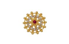 a gold and red broochle with diamonds on the bottom, surrounded by small white stones