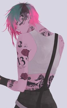 a drawing of a man with pink hair and tattoos