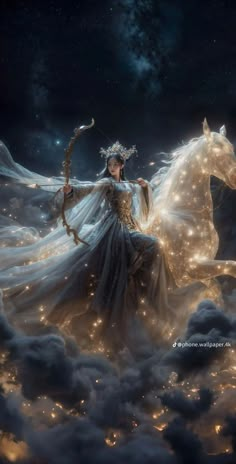 a woman riding on the back of a white horse under a sky filled with stars