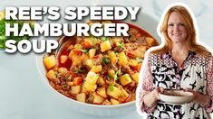 a woman standing next to a bowl of food with the words reese's speedy hamburger soup