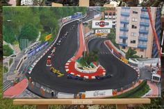 a painting of a race track with cars on it