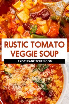 a bowl of rustic tomato veggie soup with a spoon in it and the title overlay reads rustic tomato veggie soup