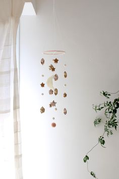 a white wall with some plants hanging from it's sides and other decorations on the wall