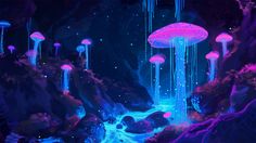 some jellyfish are floating in the water and glowing pink, blue, and purple