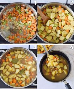 four pictures showing how to cook potatoes and carrots in a pot on the stove