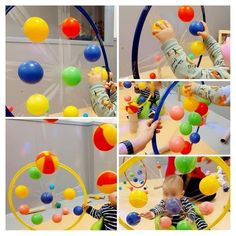 a collage of photos showing the process of playing with balls and toys in a playroom