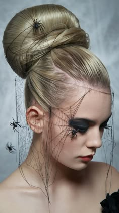 "A hauntingly elegant Halloween hairstyle for a woman, intricately styled with a spiderweb design. Her hair is pulled back into a sleek, high bun or braided crown, with strands of silver thread woven throughout, resembling delicate spiderwebs. Small, realistic-looking spiders are strategically placed within the hair, adding a creepy yet stylish detail. The hairstyle is smooth and polished, with web-like accents cascading down from the bun, creating an ethereal, gothic effect. The overall look is eerie yet sophisticated, perfect for a Halloween costume that combines glamour with a spooky, webbed theme. Witch Scarecrow. decorations Spiderweb Costume Woman, Spider Web Costume Women Diy, Spider Costumes For Women, Spider Queen Halloween Costume, Spider Web Braids, Woman Spider Costume, Spider Burlesque