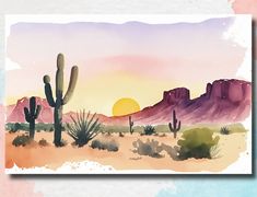 watercolor painting of desert scene with cactus trees and mountains in the background at sunset