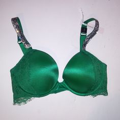 Victoria Secret Bra Push Up Green Shine Strap Logo Rhinestone Very Sexy Lace Trim Underwire New With Tags *Bundle To Save Chavonne11 080224 32d 32b 36b Elegant Green Push-up Bra, Elegant Green Stretch Bra, Elegant Silver Underwire Bra, Victoria Secret Bras, Tri Color, Victoria Secret, Women's Intimates, Push Up, Lace Trim