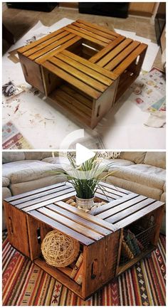 two different pictures of a coffee table made out of wooden pallets and some plants