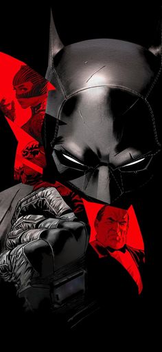 a black and red poster with a batman mask on it's face next to a glove