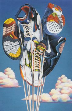 a painting of shoes in the air with clouds behind them and blue sky above it