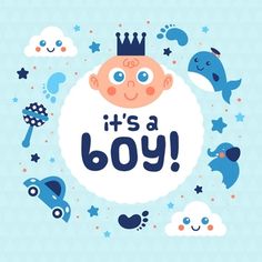 it's a boy card with a baby in the middle surrounded by toys and clouds