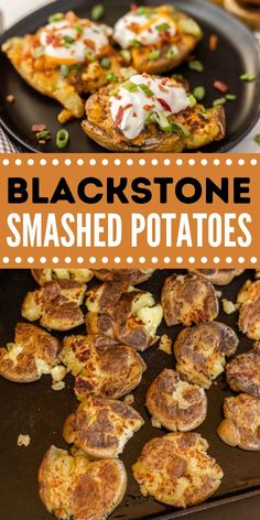 black stone smashed potatoes on a baking sheet with text overlay that reads blackstone smashed potatoes