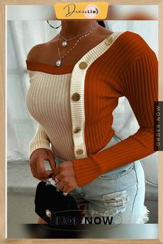 Colorblock Buttoned Knit Long Sleeve Sweater P10929 Bodycon Pencil Skirt, Woman Sweater, Bodycon Sweater, Solid Sweaters, Knitted Tops, Comfy Sweaters, Fashion Weeks, Knit Long Sleeve, Sweater Material