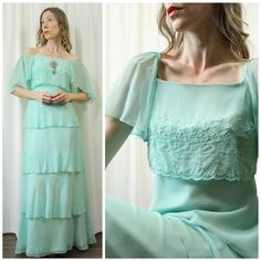 "Romantic 1970s Five-Tiered Vintage Maxi Gown in Sea Foam Green ~ the bodice features a squared neckline, flutter sleeves that can sit on or off the shoulders and a dainty floral embroidered pattern with scalloped hemline front and back ~ the skirt features Four Tiers with a subtle A-Line silhouette ~ feels like a crepe-chiffon fabric, lightweight and high quality ~ fully lined with a zipper at rear ~ Excellent Vintage Condition!  No Label: Well Made, Likely Handmade Best Fit: Medium  Bust: 34\" with some extra cup space  Bodice Length: 12\" Waist: 29\" - 30\" Hips: 43\" Free  Total Length: 58\" Model Measurements: bit big. Bust: 33.5\" / Waist: 27\" / Hips: 38\" / Height 5'9\"  @theglasscabinvintage FIND US ON INSTA *Please Refer to Our Shop Policy at Bottom of Main Page for Vintage Shopp Squared Neckline, Garden Party Dress, Maxi Gown, Big Bust, Maxi Gowns, Flutter Sleeves, Chiffon Fabric, Sea Foam, Vintage 1970s