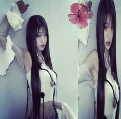 two pictures of a woman with long black hair and wearing white clothing, posing in front of a wall