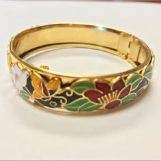 Beautiful Brass Tone Flowers And Butterflies Bangle Bracelet. Rich In Color. Good Quality And Very Solid. Never Worn. Purchased From A Local Boutique Shop! One Of Its Kind! Vintage Gold Bracelet Bangles, Colorful Gold Jewelry, Amazon Bracelets, Vintage Jeweled Bangle, Bangles Bracelets, Eclectic Jewelry, Vintage Gold Brass Bangle, Pink Vintage Bangle Jewelry, Gold Jewlry