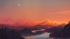 Enjoy the breathtaking view of the sun setting over majestic mountains and serene river in this scenic wallpaper. Perfect for your desktop background to bring a sense of peace and tranquility to your workspace.
