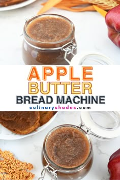 an apple butter bread machine sitting on top of a white table next to apples and other food