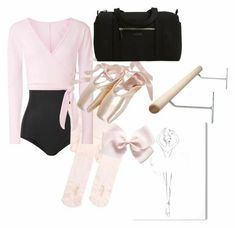 a ballet outfit and accessories are arranged on a white background