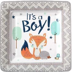 it's a boy plate with an image of a fox and hedge