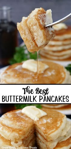 A double photo collage of buttermilk pancakes on a white plate. Recipes Buttermilk, Fluffy Buttermilk Pancake Recipe, Homemade Buttermilk Pancakes, Buttermilk Pancakes Recipe, Fluffy Buttermilk Pancakes, Homemade Pancake Recipe, Best Pancake Recipe, Pancake Recipe Buttermilk, Buttermilk Recipes