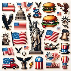 an assortment of stickers with the statue of liberty and american flags on them,