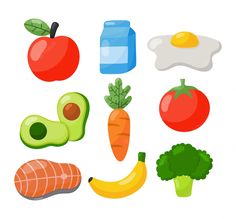 an assortment of fruits and vegetables on a white background