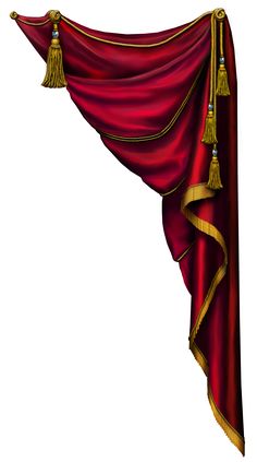 a red curtain with gold trim and tassels hanging from it's sides