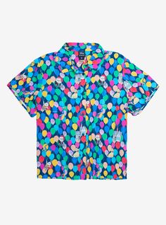 Her Universe Disney Pixar Celebration Up Balloons Woven Button-Up Cheap Playful Button-up Shirt, Fun Multicolor Button-up Shirt, Multicolor Graphic Print Button-up Tops, Vibrant Print Patterned Button-up Top, Retro Multicolor Print Button-up Shirt, Film Up, Disney Buttons, Disney Time, Disney Pixar Up