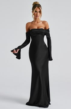 Be obsessed with Selene, an elegant, bias cut design made from our luxe textured satin which skims beautifully over the figure. With a twist panel bardot neckline and long, flared sleeves, this maxi style is finished with waist tie to the side seams. Pair with tonal heels and soft waves. 



Colour: Black.

Premium textured satin.

Fully lined.

Bardot neckline with twisted panel.

Bias cut design.

Long sleeves with slighted flared split cuffs.

Waist tie attached at side seams.

Skims over the Black Classy Gown, Black Gala Dress Long, All Black Wedding Guest Outfit, Black Dresses Long Sleeve, Black Dress Wedding, Babyboo Fashion, Black Tie Wedding Guest Dress, Off Shoulder Long Dress, Split Prom Dresses