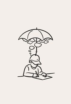 a drawing of a person sitting under an umbrella