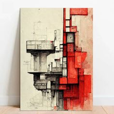 an abstract painting with red and grey blocks on it's side, in front of a white wall