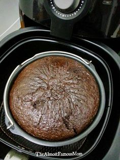 a chocolate cake sitting in an air fryer