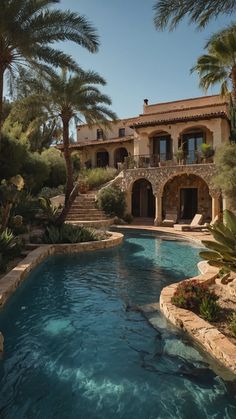 an outdoor swimming pool surrounded by palm trees and stone steps leading up to the house