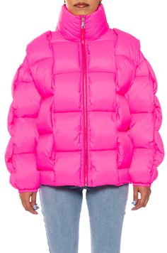 LYKKE HOT PINK PUFFER JACKET Hot Pink Puffer Jacket, Turtle Neck Collar, Hot Pink Outfit, Pink Puffer Coat, Pink Puffer Jacket, Friday Outfit, Statement Jacket, Azalea Wang, Pink Friday