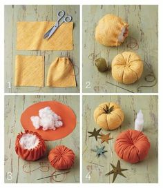 four pictures showing how to make pumpkins with felt and cotton balls on the table