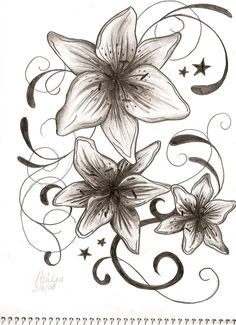 a drawing of flowers with swirls and stars